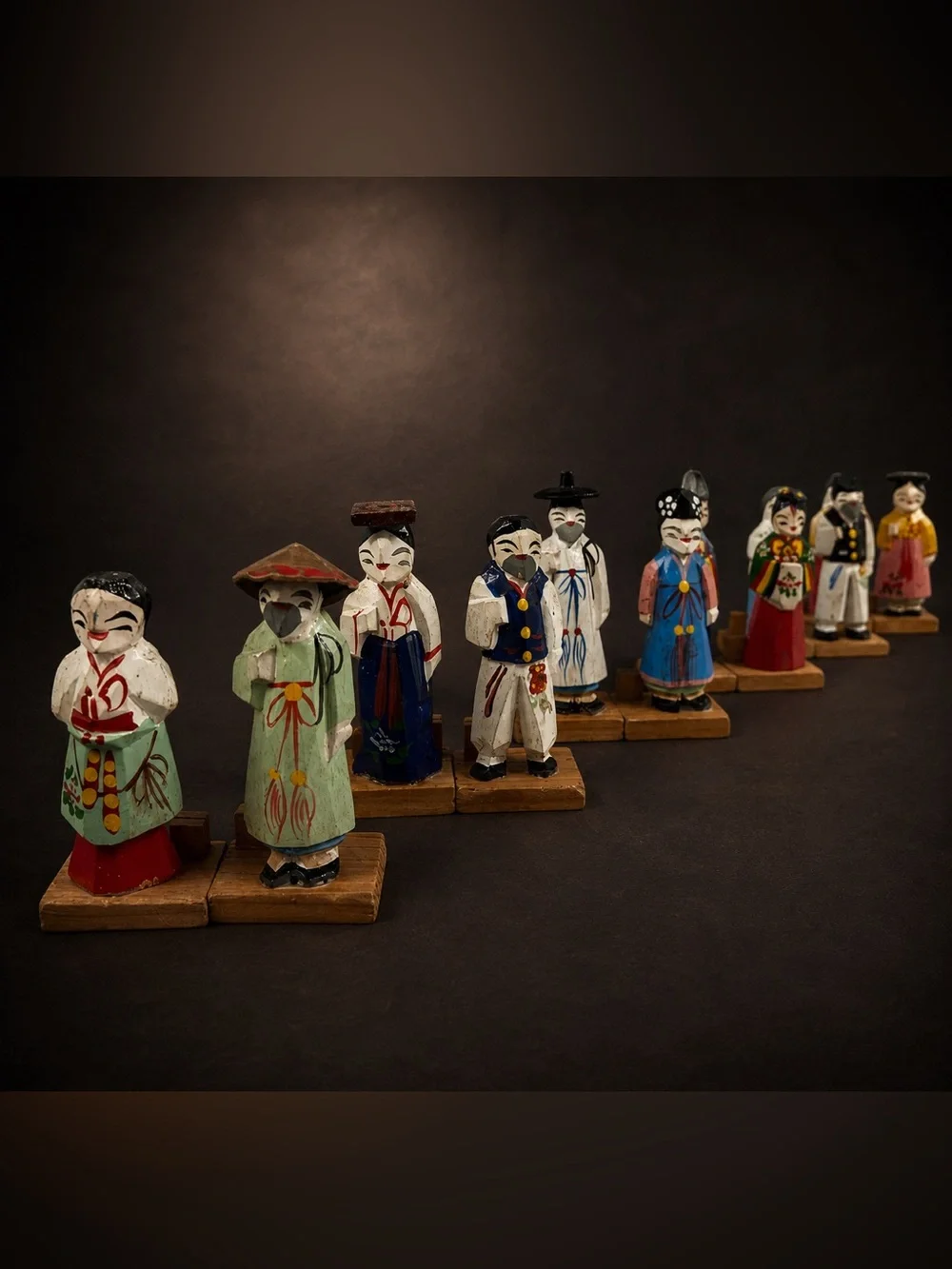 Vintage Korean Folk Art 12 Hand Carved Painted Wood Figurines 3.5” Korea